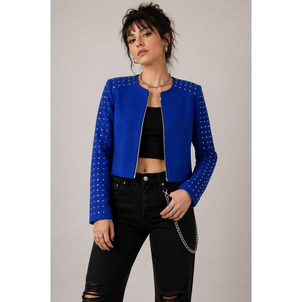 Nygard Studded Zip Blazer Jacket Rock Chic Glam Edgy Blue Rayon Blend Large